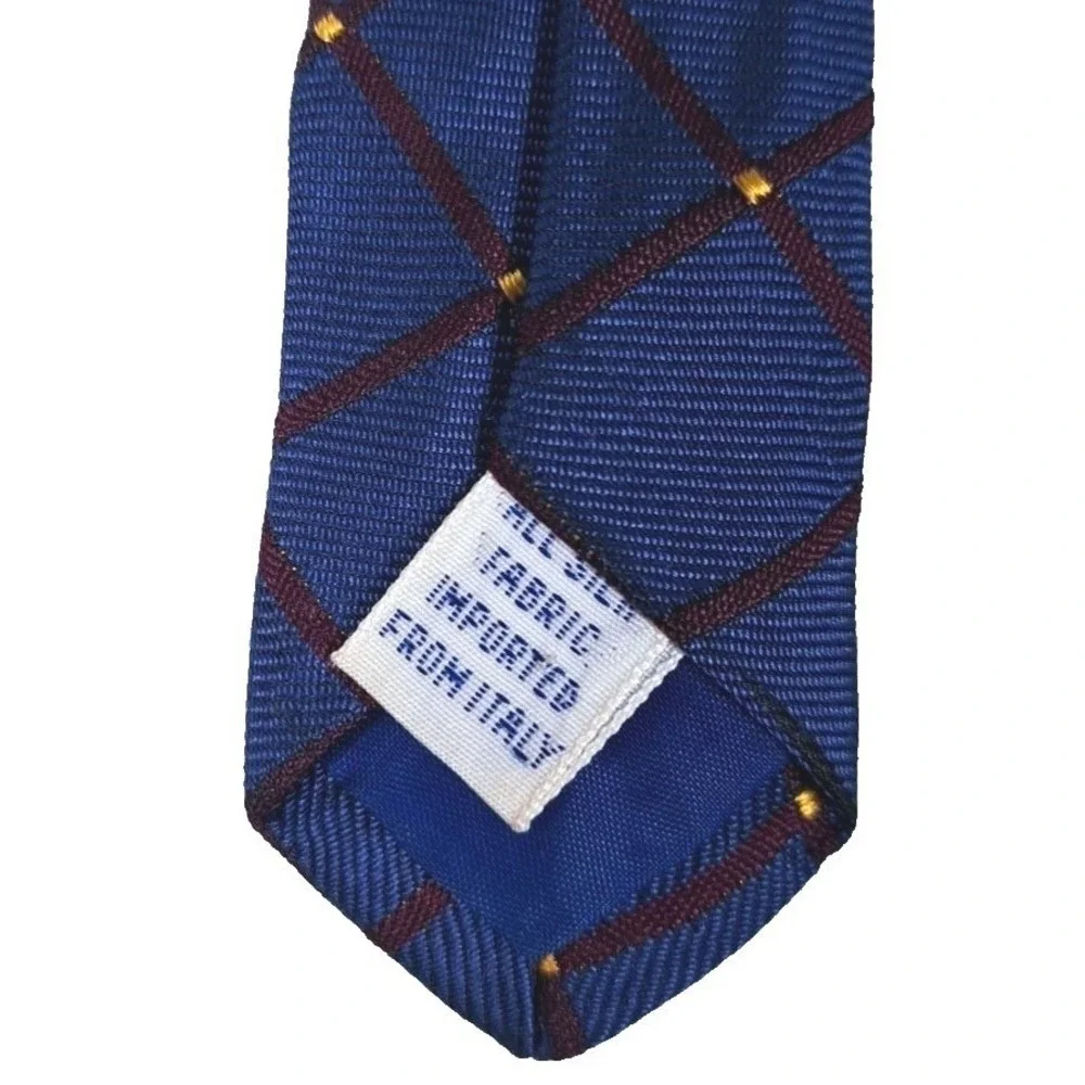 Perry Ellis Portfolio Mens Blue Silk Windowpane Tie Burgundy Gold Italian Fabric